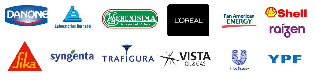 Logos de clientes: Danone, Laboratorios Bernabó, La Serenísima, L'Oréal, Pan American Energy, Shell, Raízen, Sika, Syngenta, Trafigura, Vista Oil & Gas, Unilever, YPF
